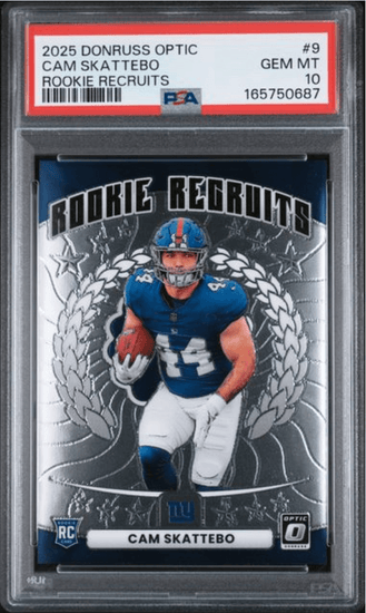 Graded 2025 Panini Donruss Optic Cam Skattebo #9 Rookie Recruits Rookie RC Football Card PSA 10 Gem Mint