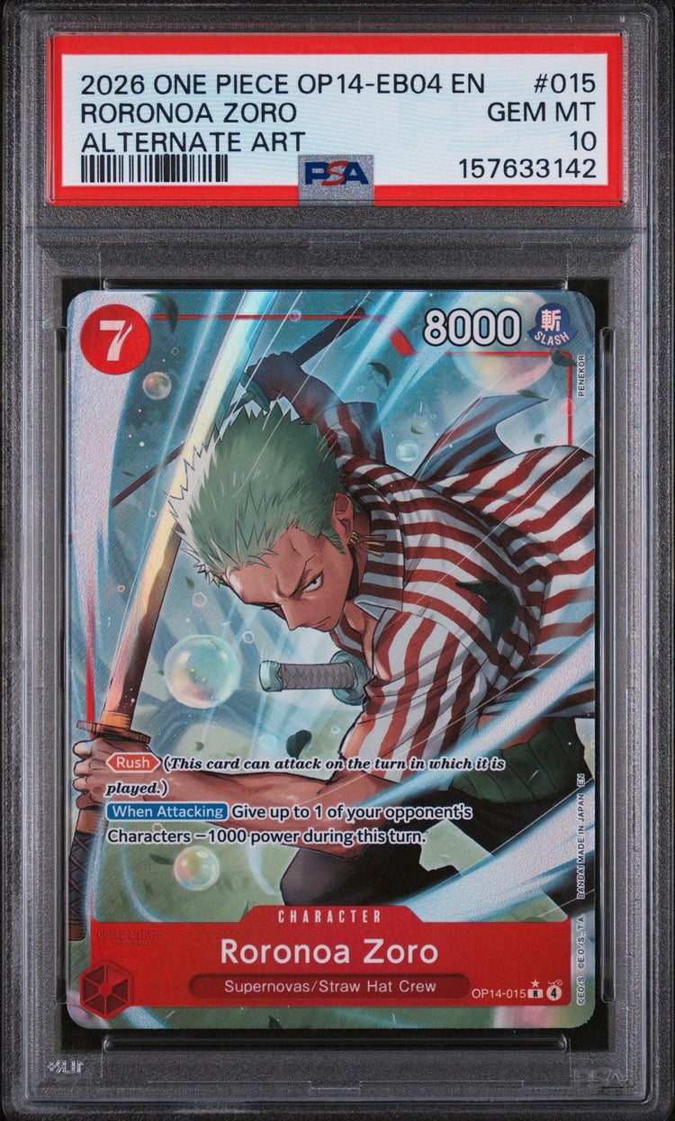 Graded 2026 One Piece Roronoa Zoro #015 Alternate Art Trading Card Game PSA 10 Gem Mint