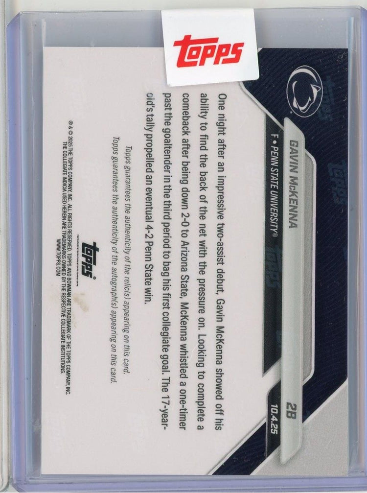 2026 Topps Bowman U Now Gavin McKenna #2B Black Relic Auto /10 1st Collegiate Goal Seals Penn State Comeback Penn State Nittany Lions Rookie RC Hockey Card