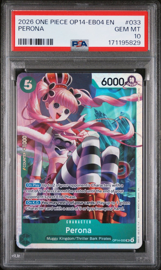 Graded 2026 One Piece Perona #033 EB04 Azure Sea Seven EN Trading Card Game PSA 10 Gem Mint