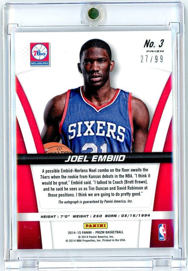 2014 Panini Prizm Joel Embiid #3 Purple Prizm Rookie Auto /99 Rookie RC Basketball Card
