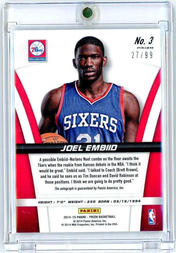 2014 Panini Prizm Joel Embiid #3 Purple Prizm Rookie Auto /99 Rookie RC Basketball Card