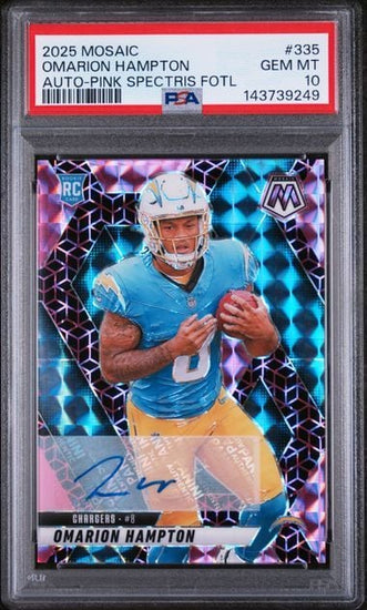 Graded 2025 Panini Mosaic Omarion Hampton #335 Pink Spectris FOTL 8/30 Auto Rookie RC Football Card PSA 10 Gem Mint