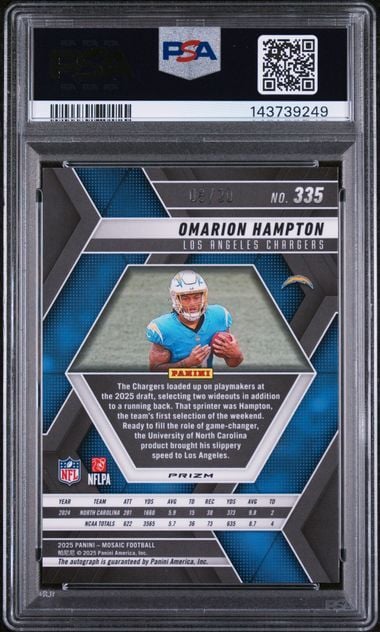 Graded 2025 Panini Mosaic Omarion Hampton #335 Pink Spectris FOTL 8/30 Auto Rookie RC Football Card PSA 10 Gem Mint