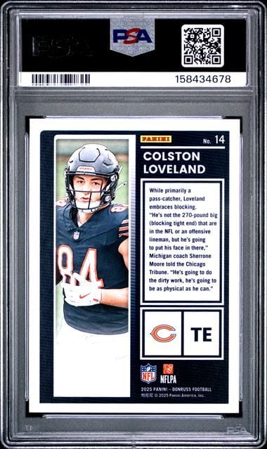 Graded 2025 Donruss Colston Loveland #14 The Rookies Rookie RC Football Card PSA 10 Gem Mint