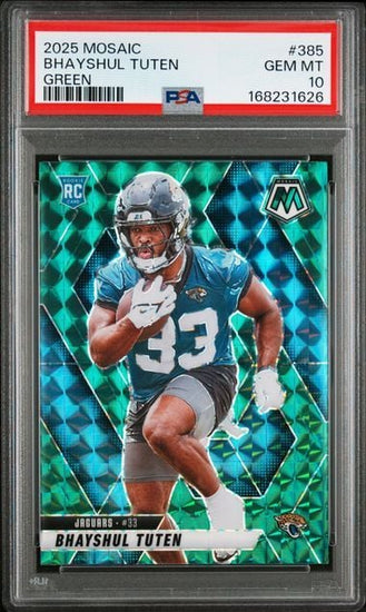 Graded 2025 Panini Mosaic Bhayshul Tuten #385 Green Rookie RC Football Card PSA 10 Gem Mint