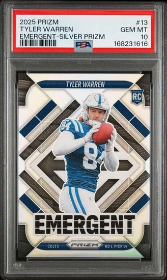 Graded 2025 Panini Prizm Tyler Warren #13 Emergent Silver Prizm Rookie RC Football Card PSA 10 Gem Mint