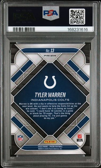 Graded 2025 Panini Prizm Tyler Warren #13 Emergent Silver Prizm Rookie RC Football Card PSA 10 Gem Mint