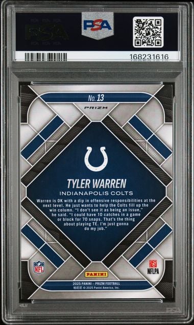 Graded 2025 Panini Prizm Tyler Warren #13 Emergent Silver Prizm Rookie RC Football Card PSA 10 Gem Mint