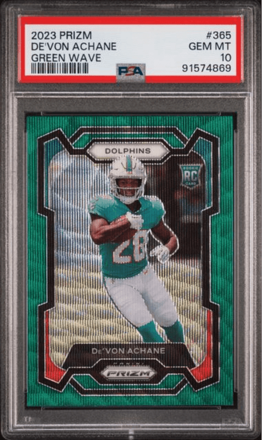 Graded 2023 Panini Prizm Devon Achane #365 Green Wave Rookie RC Football Card PSA 10 Gem Mint