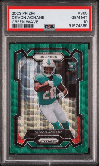 Graded 2023 Panini Prizm Devon Achane #365 Green Wave Rookie RC Football Card PSA 10 Gem Mint