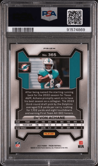 Graded 2023 Panini Prizm Devon Achane #365 Green Wave Rookie RC Football Card PSA 10 Gem Mint