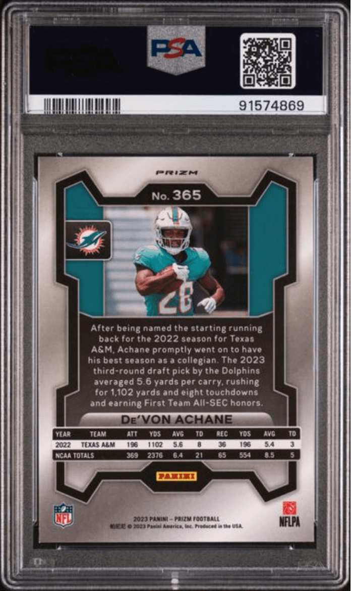 Graded 2023 Panini Prizm Devon Achane #365 Green Wave Rookie RC Football Card PSA 10 Gem Mint