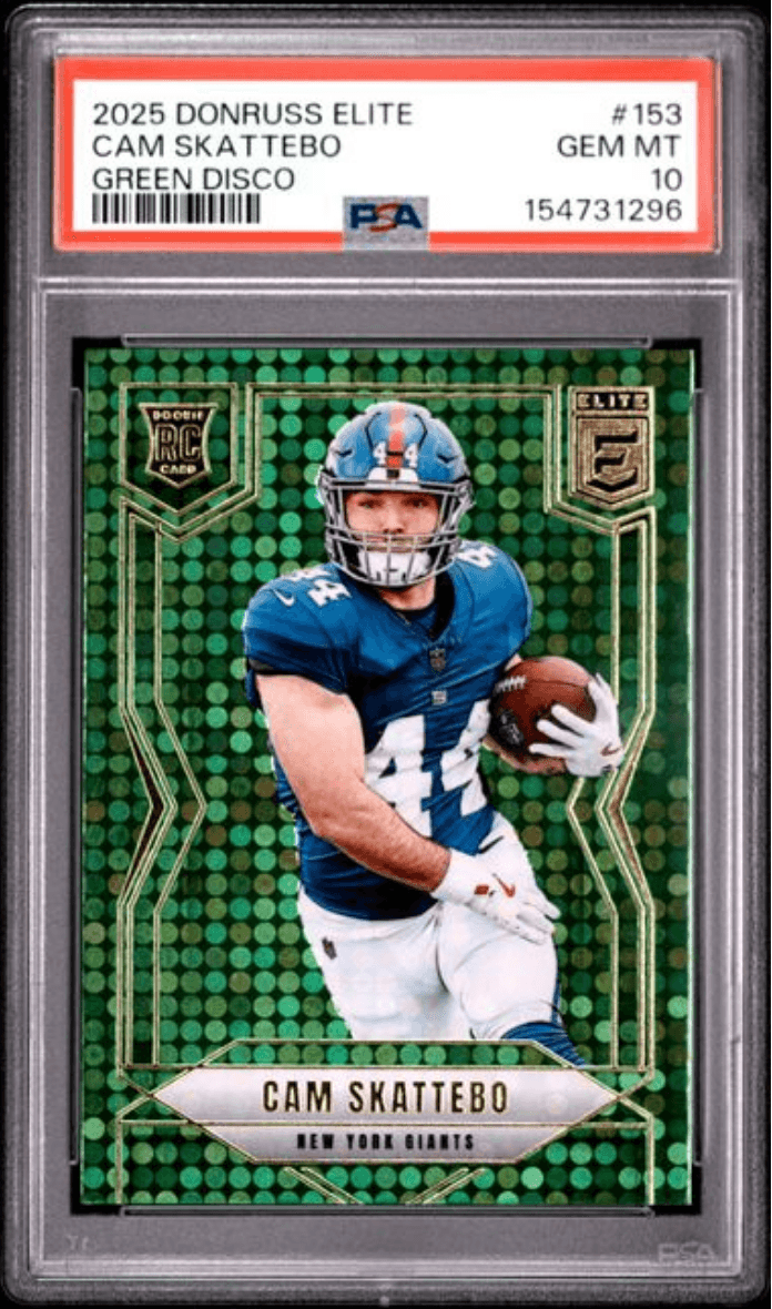 Graded 2025 Panini Donruss Elite Cam Skattebo #153 Green Disco Rookie RC Football Card PSA 10 Gem Mint