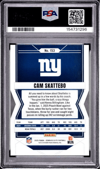 Graded 2025 Panini Donruss Elite Cam Skattebo #153 Green Disco Rookie RC Football Card PSA 10 Gem Mint