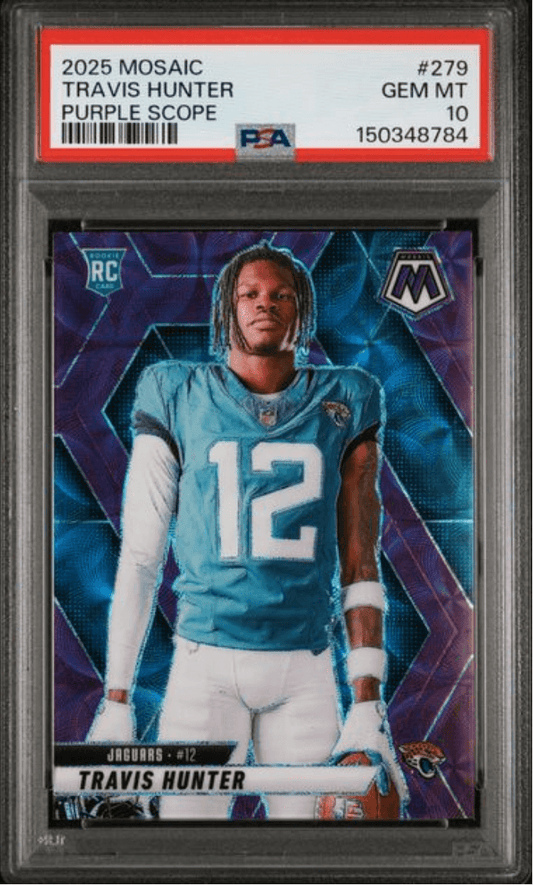 Graded 2025 Panini Mosaic Travis Hunter #279 Purple Scope Rookie RC Football Card PSA 10 Gem Mint