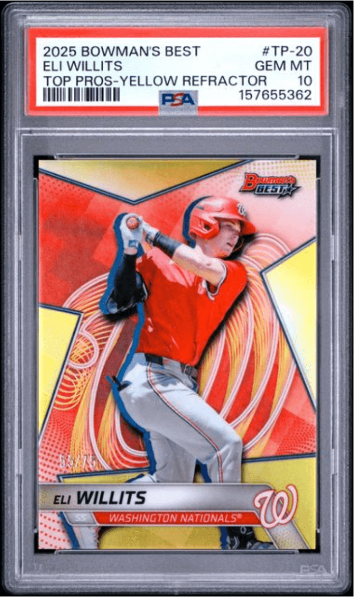 Graded 2025 Topps Bowmans Best Eli Willits #TP20 Top Prospects Yellow Refractor /75 Rookie RC Baseball Card PSA 10 Gem Mint