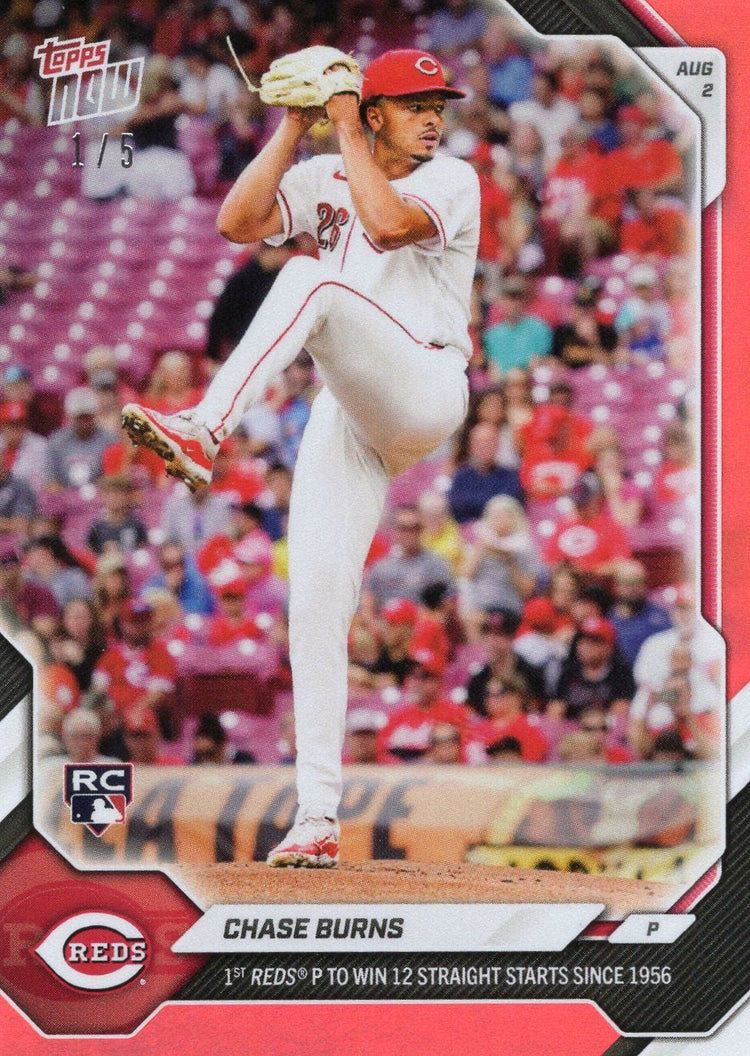2026 Topps Now Chase Burns #512 Red Foil /5 1st Reds Pitcher to Win 12 Straight Starts Since 1956 Cincinnati Reds Rookie RC Baseball Card