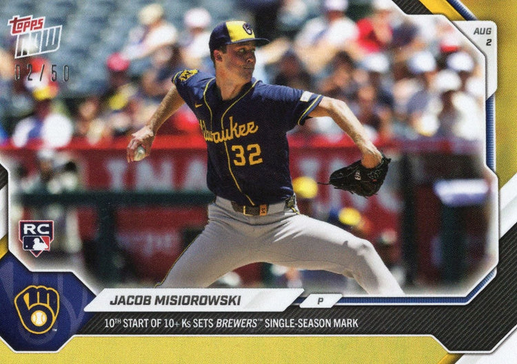 2026 Topps Now Jacob Misiorowski #513 Gold Foil /50 10th Start of 10+Ks Sets Brewers Single Season Mark Milwaukee Brewers Rookie RC Baseball Card