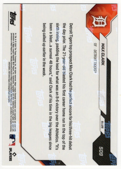 2026 Topps Now Max Clark #509 Orange Foil /25 First Career MLB Home Run Comes in Road Victory Detroit Tigers Rookie RC Baseball Card
