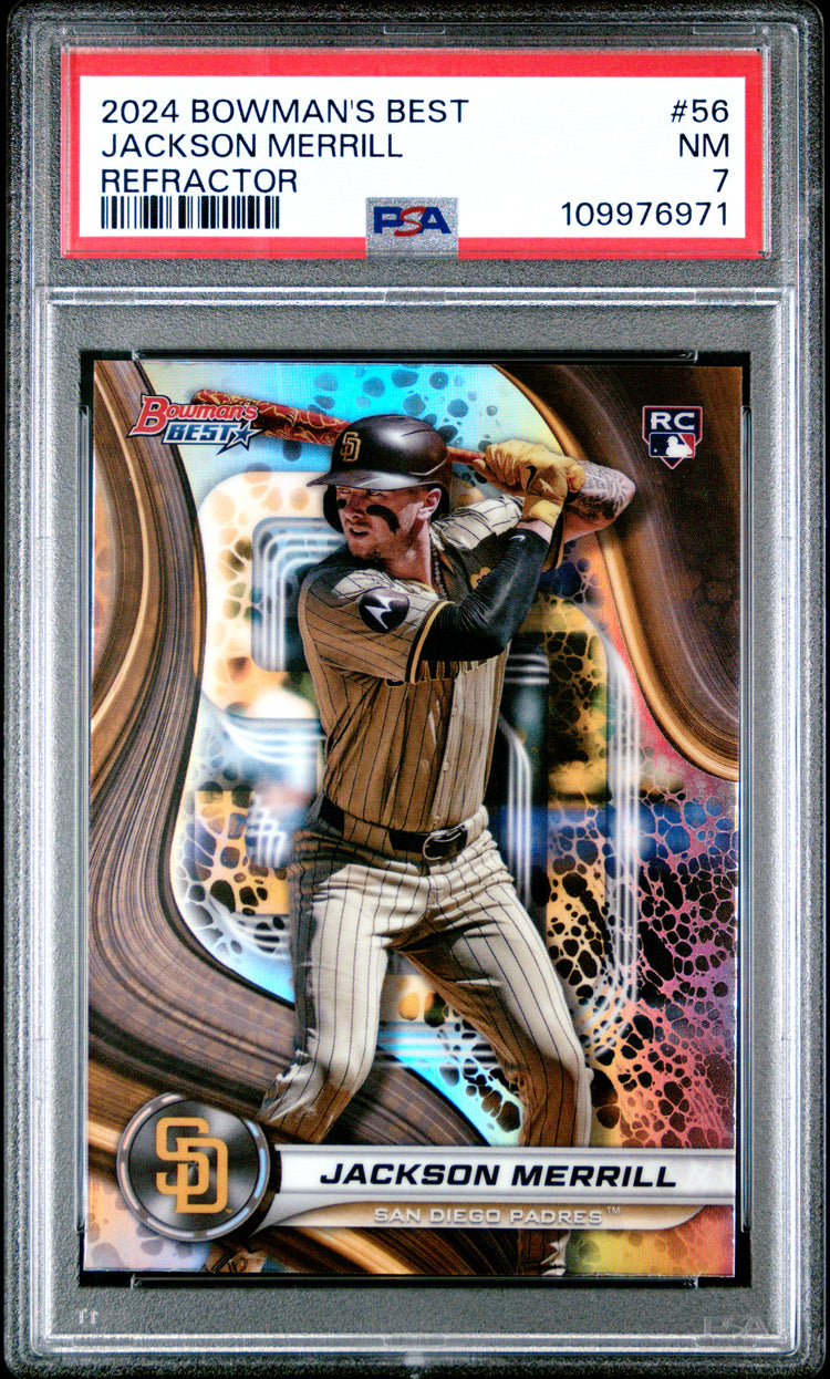Graded 2024 Topps Bowmans Best Jackson Merrill #56 Refractor Rookie RC Baseball Card PSA 7 Near Mint