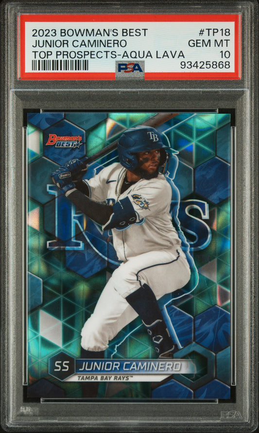 Graded 2023 Topps Bowmans Best Junior Caminero #TP18 Top Prospects Aqua Lava /199 Rookie RC Baseball Card PSA 10 Gem Mint