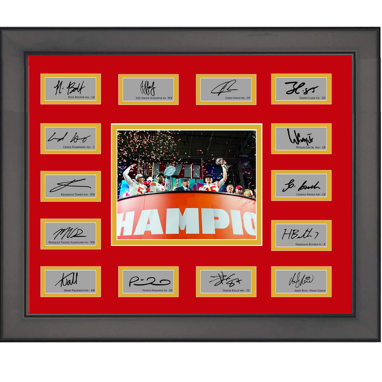 Framed Kansas City Chiefs NFL Super Bowl LVII Champions Team Facsimile Laser Engraved Signature Auto Collage 20x25 Football Photo
