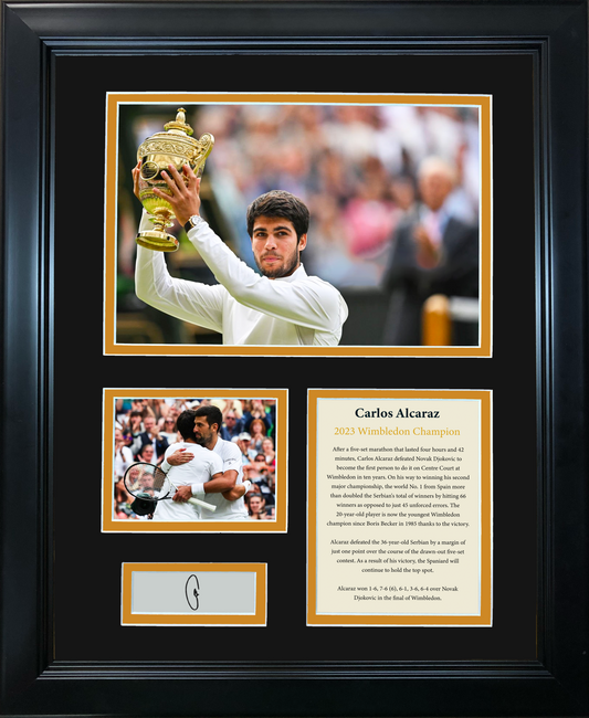 Framed Carlos Alcaraz 2023 Wimbledon Champion Facsimile Laser Engraved Signature Auto Tennis 11"x14" Photo Sig Collage