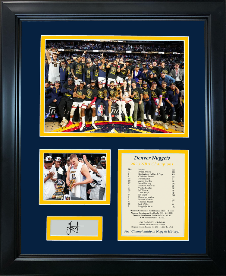 Framed Denver Nuggets 2023 NBA Champions Nikola Jokic MVP Facsimile Laser Engraved Signature Auto Basketball 11"x14" Photo Sig Collage