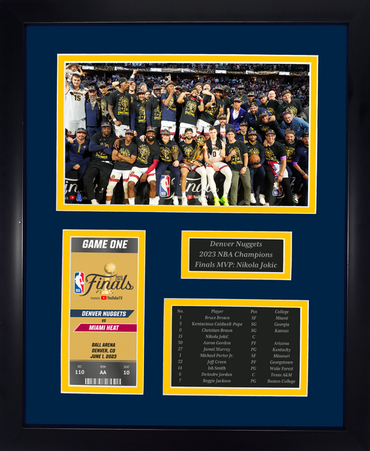 Framed Denver Nuggets 2023 NBA Champions Laser Engraved Replica Commemorative Ticket Collage  12 x15  Basketball Photo