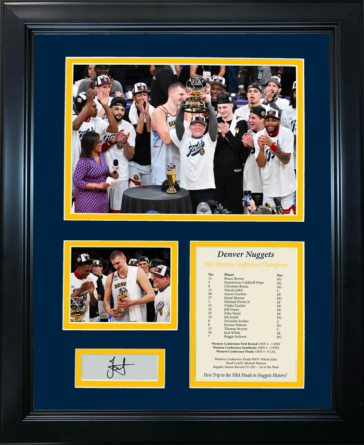 Framed Denver Nuggets 2023 Western Conference Champions Nikola Jokic MVP Facsimile Laser Engraved Signature Auto Basketball 11"x14" Photo Sig Collage