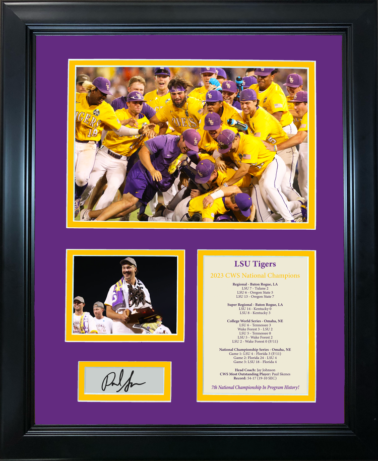 Framed LSU Tigers 2023 College World Series Champions Paul Skenes Facsimile Laser Engraved Signature Auto 11"x14" College Baseball Photo Sig Collage