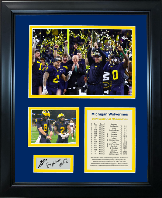 Framed Michigan Wolverines 2023 National Championship Blake Corum, Jim Harbaugh, J.J. McCarthy Facsimile Laser Engraved Signatures Auto College Football 11"x14" Photo Sig Collage