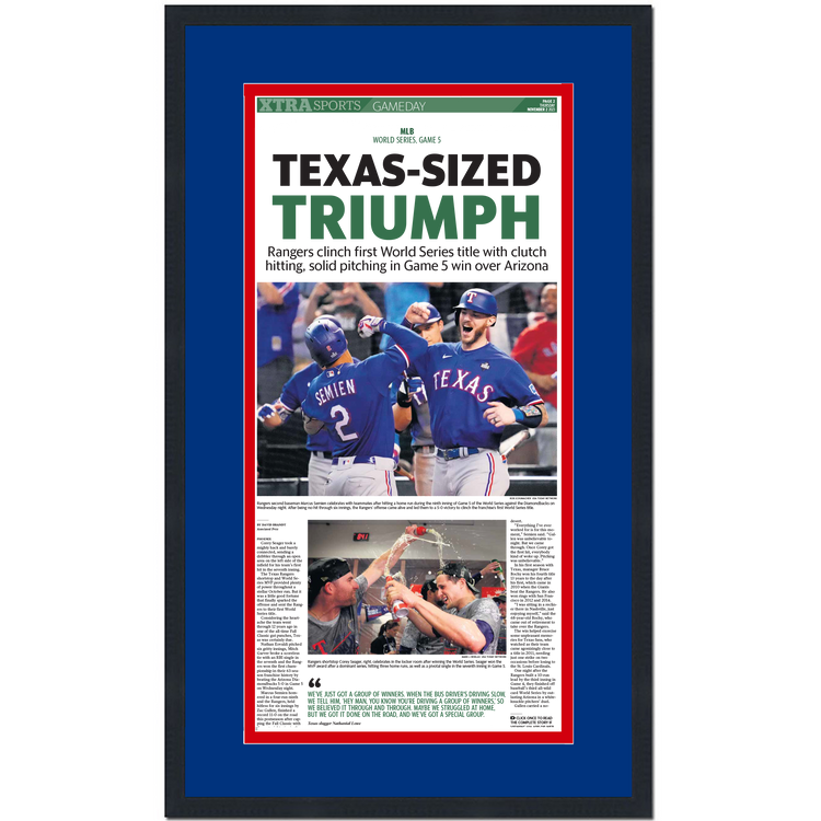 Framed Fort Worth Star-Telegram Texas Rangers Texas-Sized Triumph 2023 World Series Champions 14x24 Baseball Newspaper Cover Photo Professionally Matted V2
