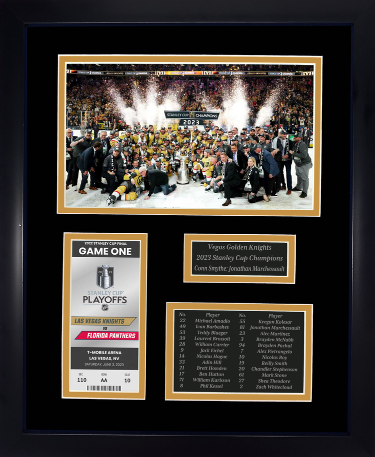 Framed Vegas Golden Knights 2023 Stanley Cup Replica Champions Laser Engraved Commemorative Ticket Collage  12 x15  Hockey Photo