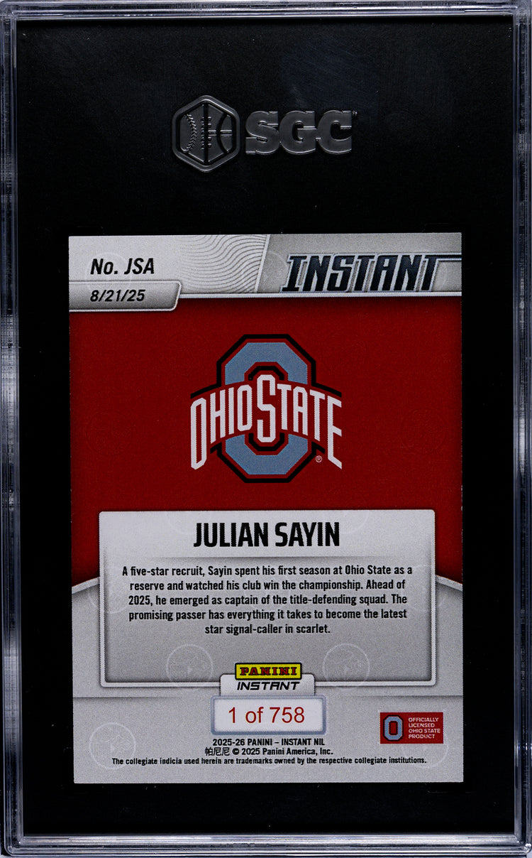 Graded 2025 Panini Instant NIL Julian Sayin #JSA Rookie RC Football Card SGC 9 Mint