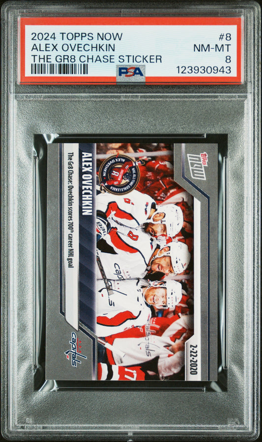 Graded 2024 Topps Now Alex Ovechkin #8 The GR8 Chase Sticker Hockey Card PSA 8 Near Mint