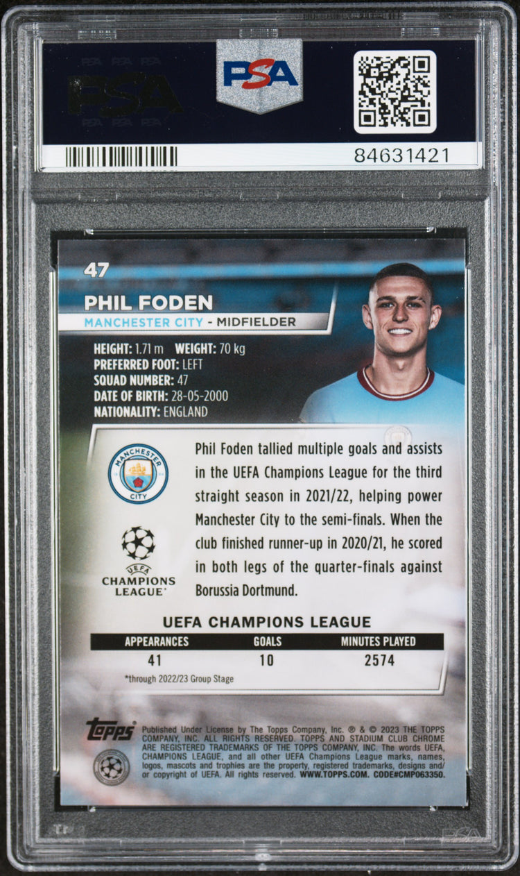 Graded 2022 Topps Stadium Chrome UCC Phil Foden #47 Blue Prism Soccer Card PSA 10 Gem Mint