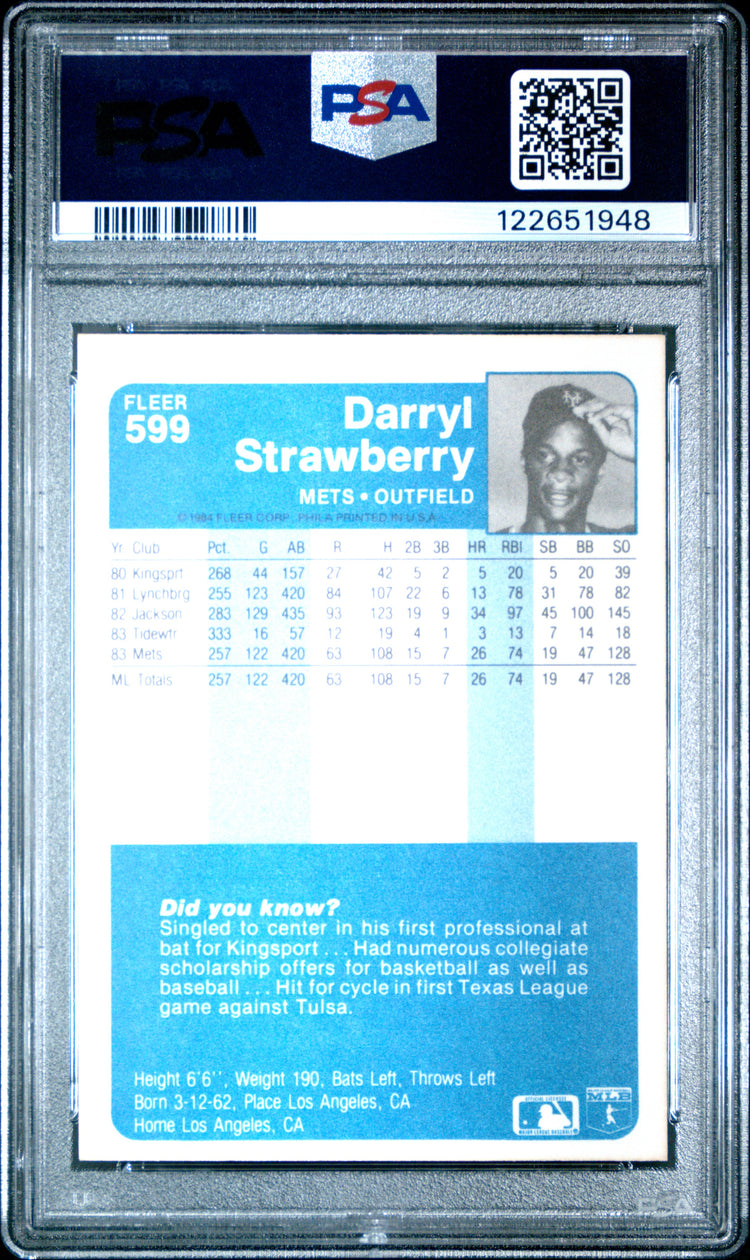 Graded 1984 Fleer Darryl Strawberry #599 Rookie RC Baseball Card PSA 8 Near Mint