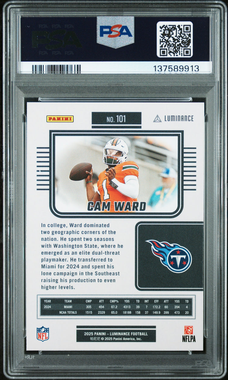 Graded 2025 Panini Luminance Cam Ward #101 Rookie RC Football Card PSA 9 Mint