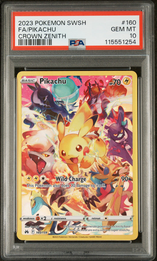 Graded 2023 PKM SWSH Sword And Shield Crown Zenith Pikachu FA #160 Full Art Crown Zenith Trading Card Game PSA 10 Gem Mint