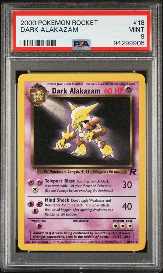 Graded 2000 PKM Rocket #18 Dark Alakazam Trading Card Game PSA 9 Mint