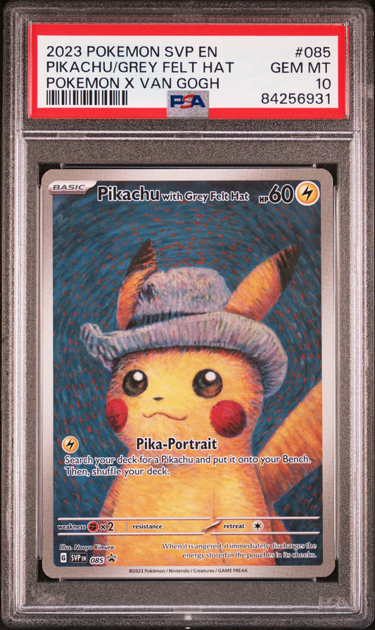 Graded 2023 PKM SVP EN-SV Black Star Promo Pikachu #085 Grey Felt Hat X Vincent Van Gogh Trading Card Game PSA 10 Gem Mint