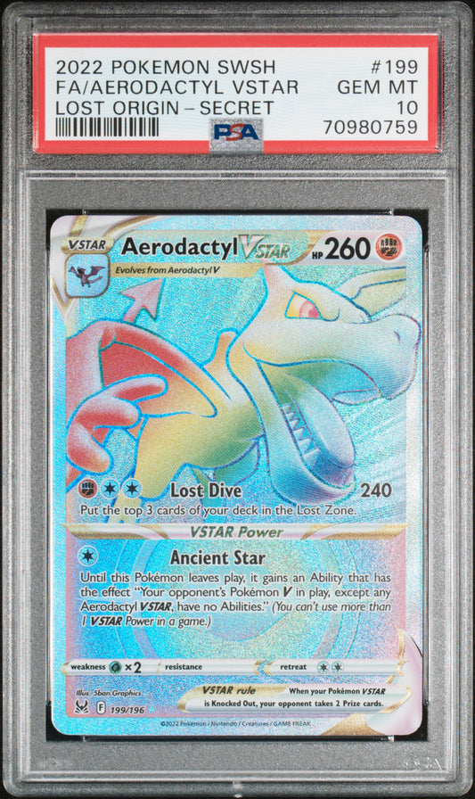 Graded 2022 PKM Sword & Shield Lost Origin #199 Fa/Aerodactyl Vstar Lost Origin-Secret Trading Card Game PSA 10 Gem Mint