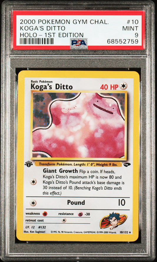 Graded 2000 PKM Gym Challenge #10 Koga's Ditto Holo 1st Edition Trading Card Game PSA 9 Mint