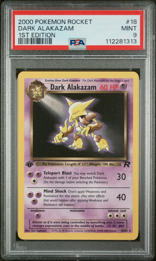 Graded 2000 PKM Rocket #18 Dark Alakazam 1st Edition Trading Card Game PSA 9 Mint