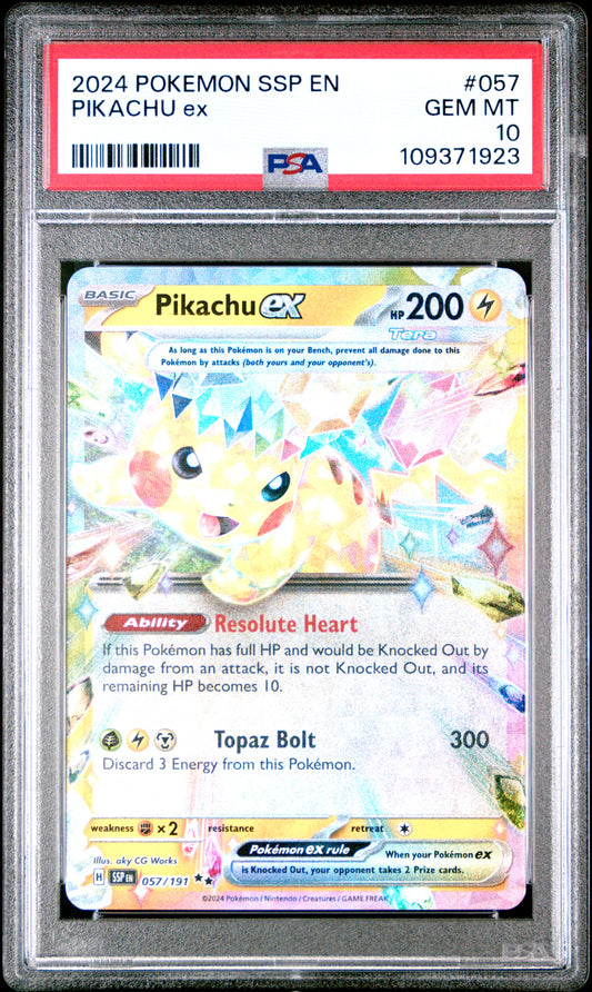 Graded 2024 PKM Ssp En-Surging Sparks #057 Pikachu Ex Trading Card Game PSA 10 Gem Mint