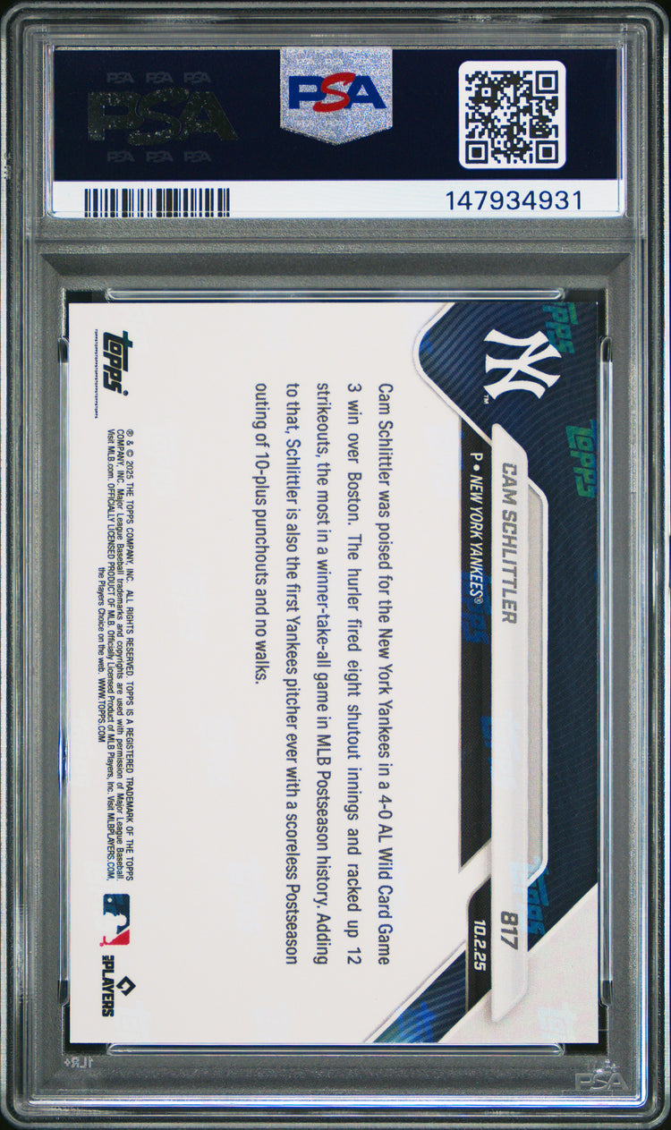 Graded 2025 Topps Now Cam Schlittler #817 Rookie RC Baseball Card PSA 8 Near Mint