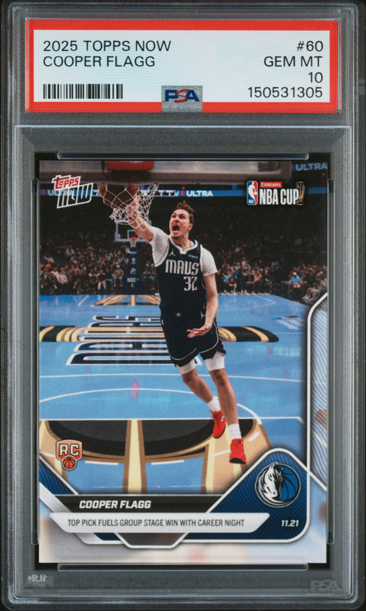 Graded 2025 Topps Now Cooper Flagg #60 Rookie RC Basketball Card PSA 10 Gem Mint