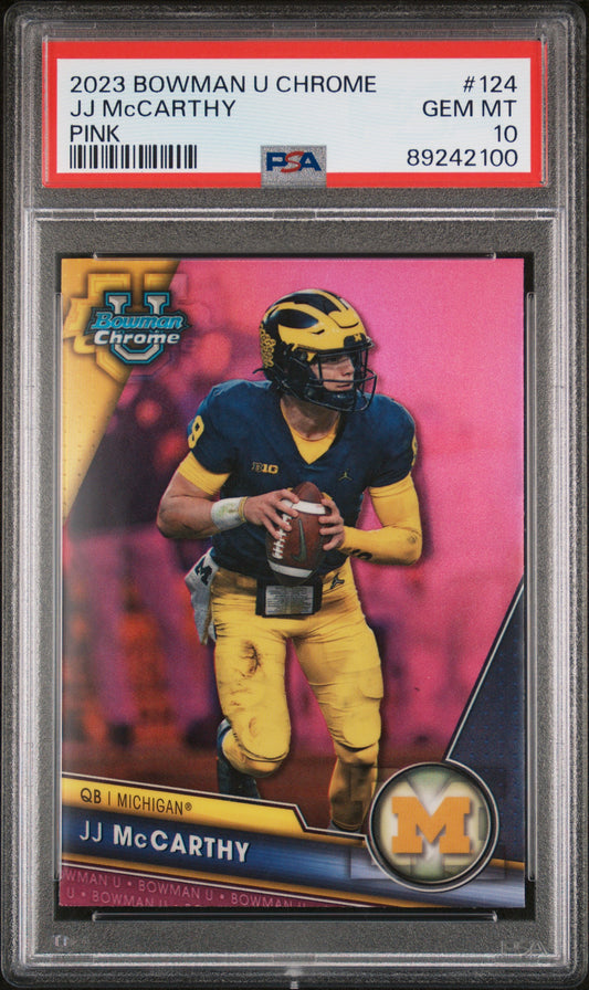 Graded 2023 Topps Bowman U Chrome JJ McCarthy #124 Pink Rookie RC Football Card PSA 10 Gem Mint